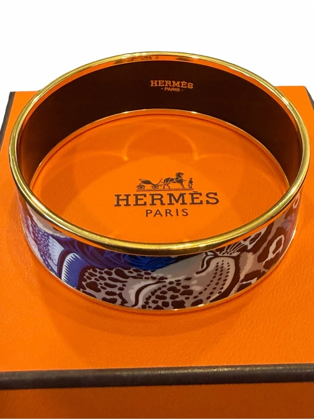 Hermes Blue, Beige & Black Enamel Bangle with Gold Trim
